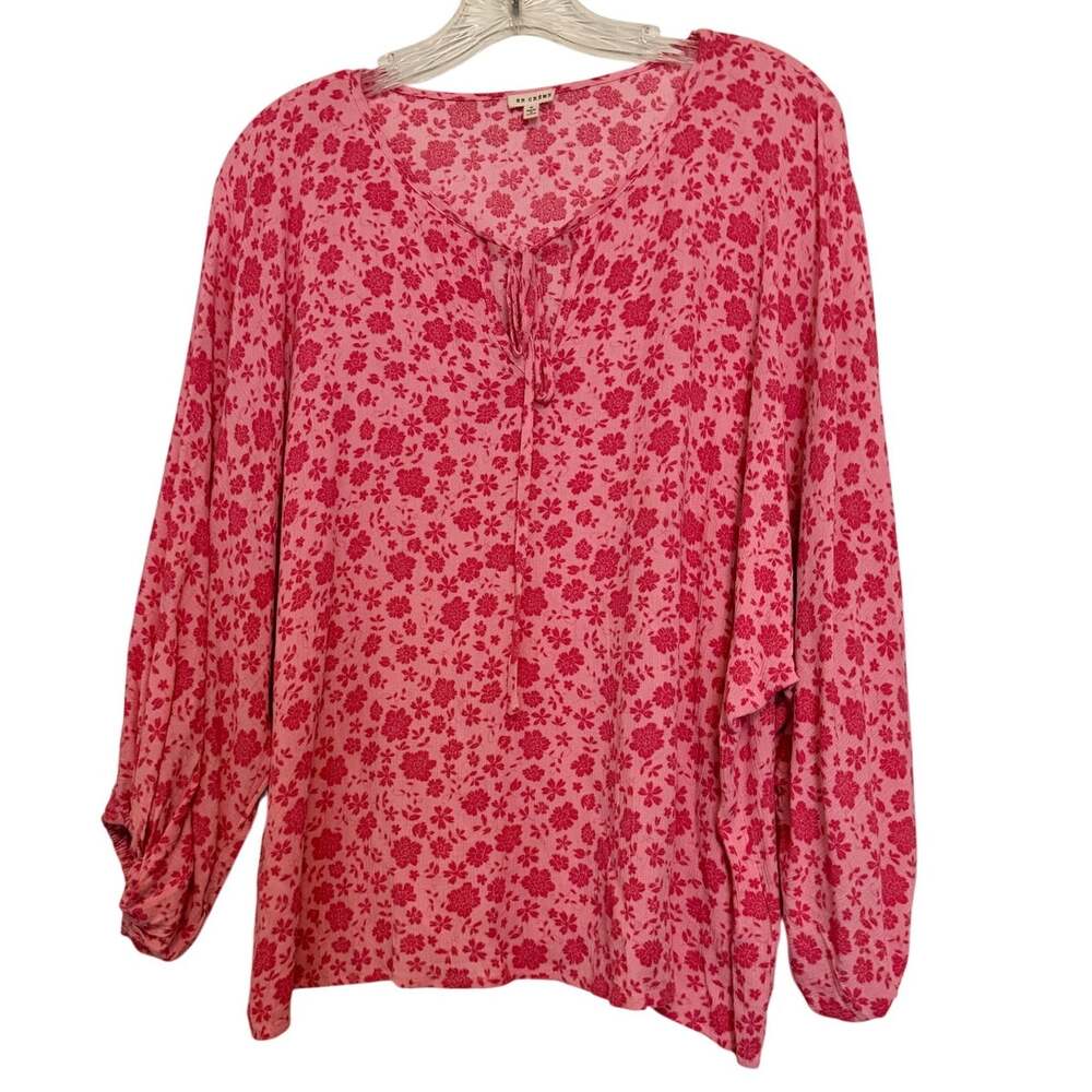 En Creme S Pink Floral Blouse Boho Balloon Sleeve Rayon Top